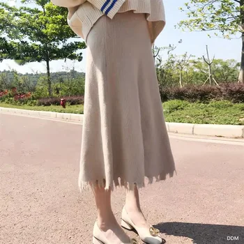 

2019 Women High Waist Skirt Korean Style Knitted A-line Skirt Casual Fashion Solid Tassels Long Skirts for Women Jupe Femme
