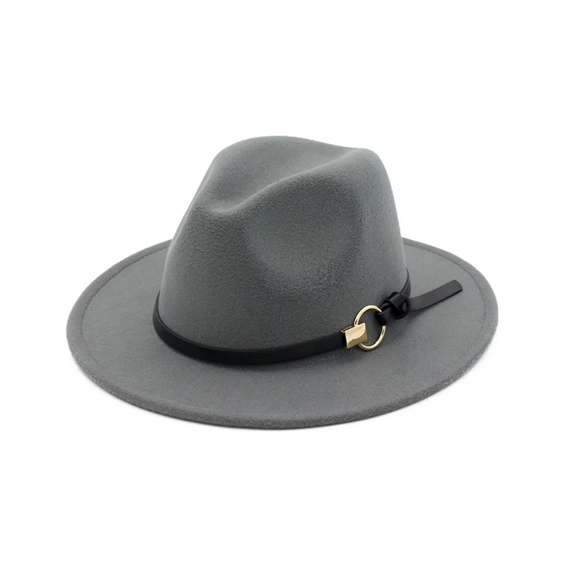 European Wide Brim Cowboy Felt Hat Panama Trilby Jazz Fedora Hats with Leather Buckle Plain Ribbon Woolen Chapeau for Women - Цвет: Серый