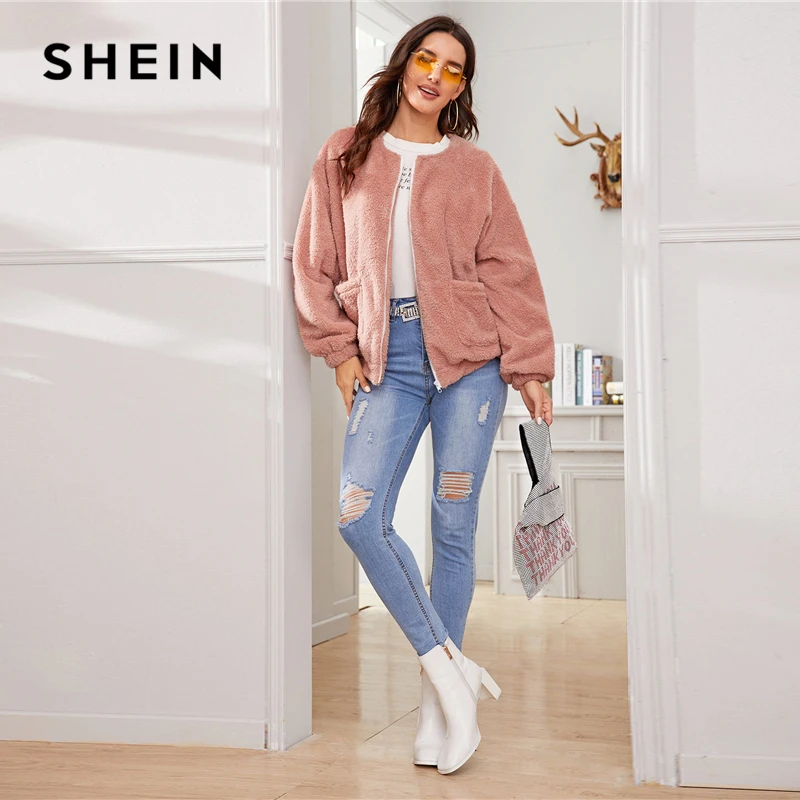 New SHEIN Pink Solid Zipper Front Casual Teddy Jacket Coat Women 2019 Winter Streetwear Long Sleeve Dou