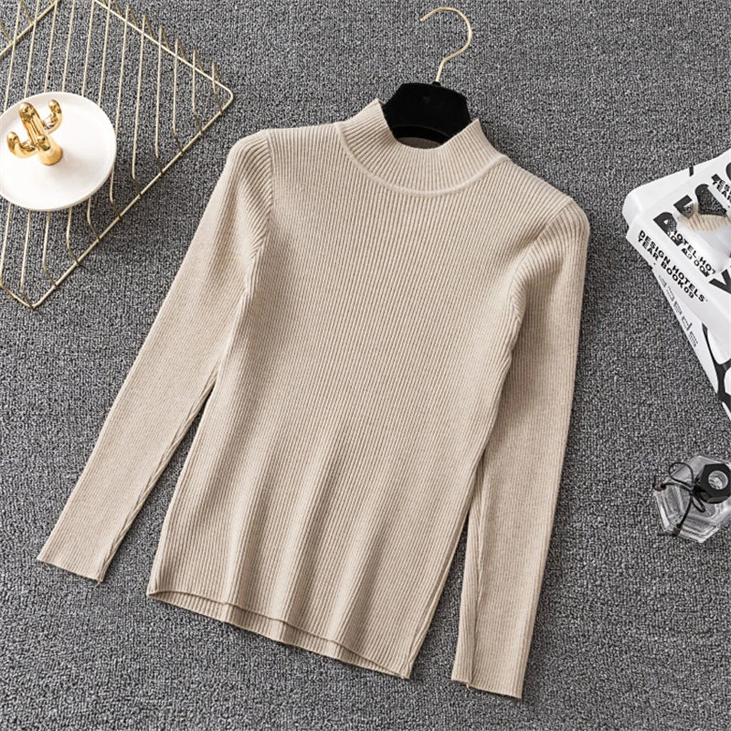 Fashion Blouse Women Top Korean Harajuku Long-sleeved Knitting Shirt  Solid Color Slim Semi-High Collar Elegant Shirts 826