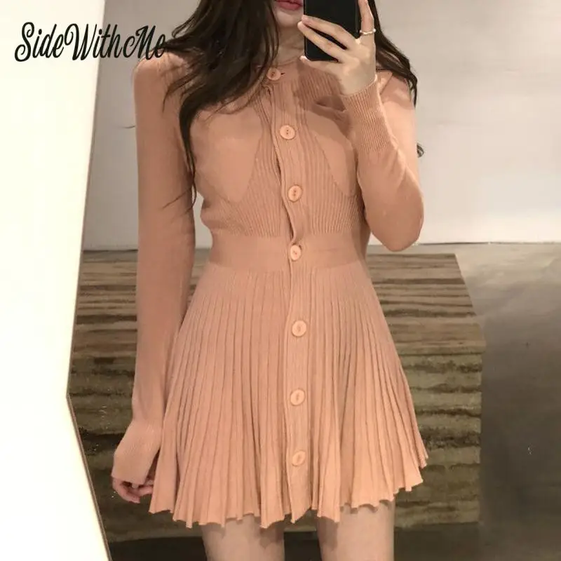 

Korean Chic Knit Dress Women O-neck Single-breasted Slim Pleated Mini Dress Ladies Sweet Solid Long Sleeve High Waist Dress