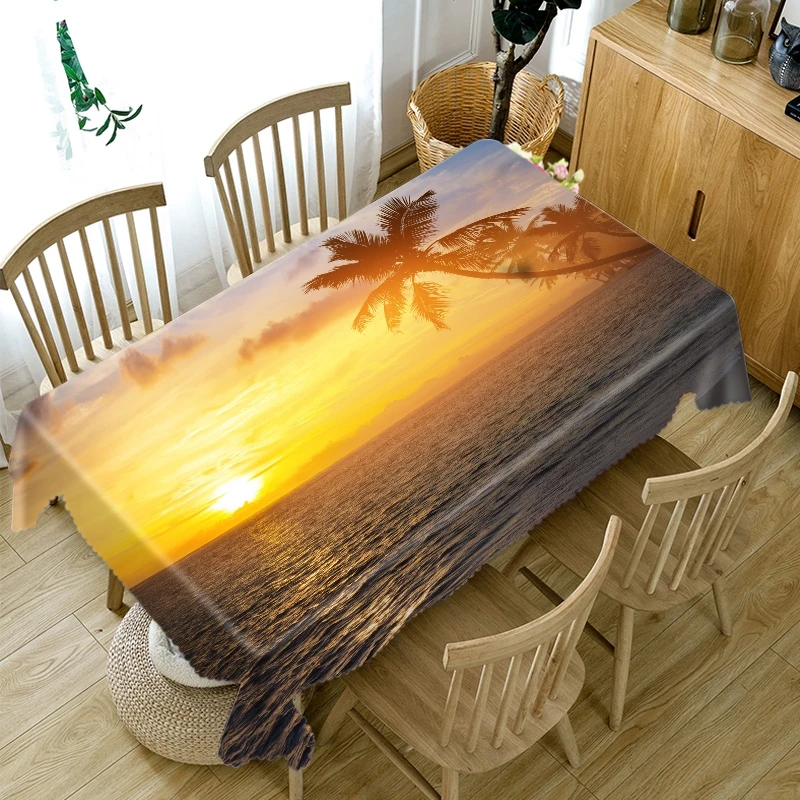 

3D Seascape with Coconut Trees Pattern Tablecloth Thicken Cotton Rectangular/Round Table Cloth for Wedding Picnic Party