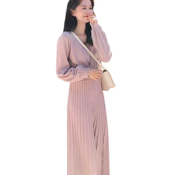 

Women Lady Long Sleeve V Neck Sweater with Solid Color Dress for Autumn Winter Party -MX8
