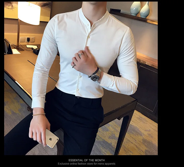 2019 Новая мужская мода бутик хлопок сплошной цвет воротник повседневные деловые рубашки с длинными рукавами мужские тонкие