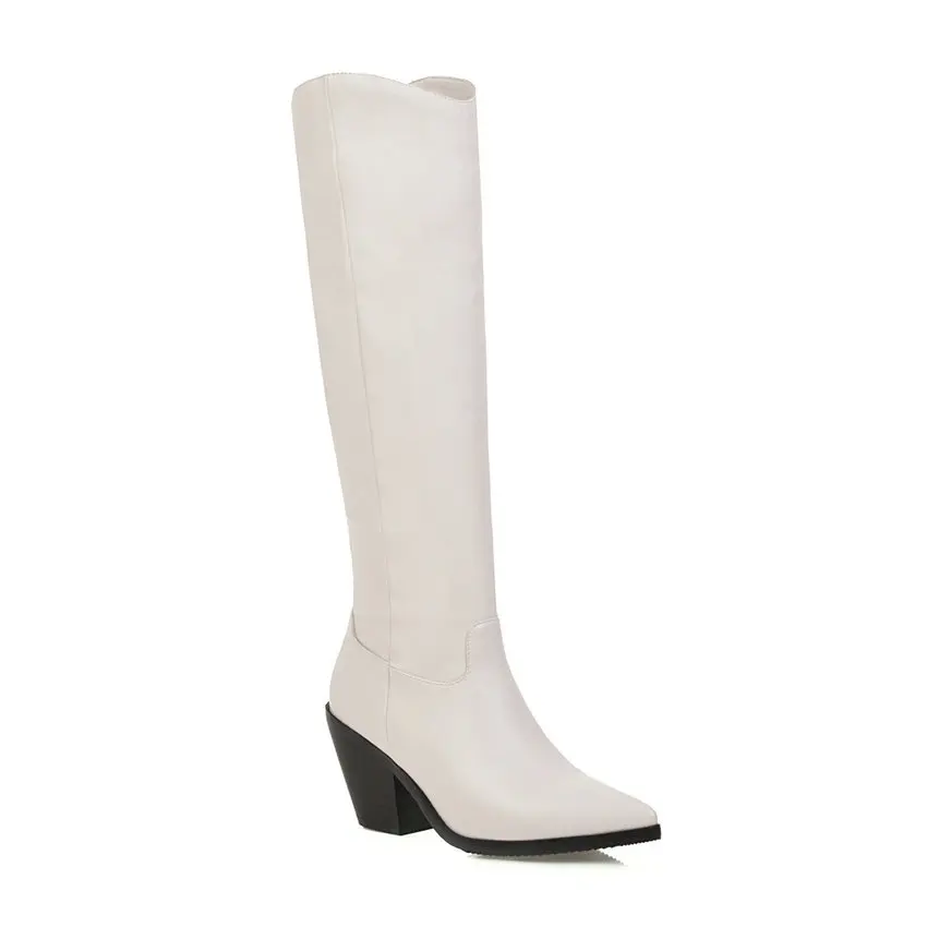 QUTAA/ г. Повседневные сапоги до колена из флока на высоком квадратном каблуке из искусственной кожи осенне-зимняя женская обувь без застежки с острым носком размер 34-43