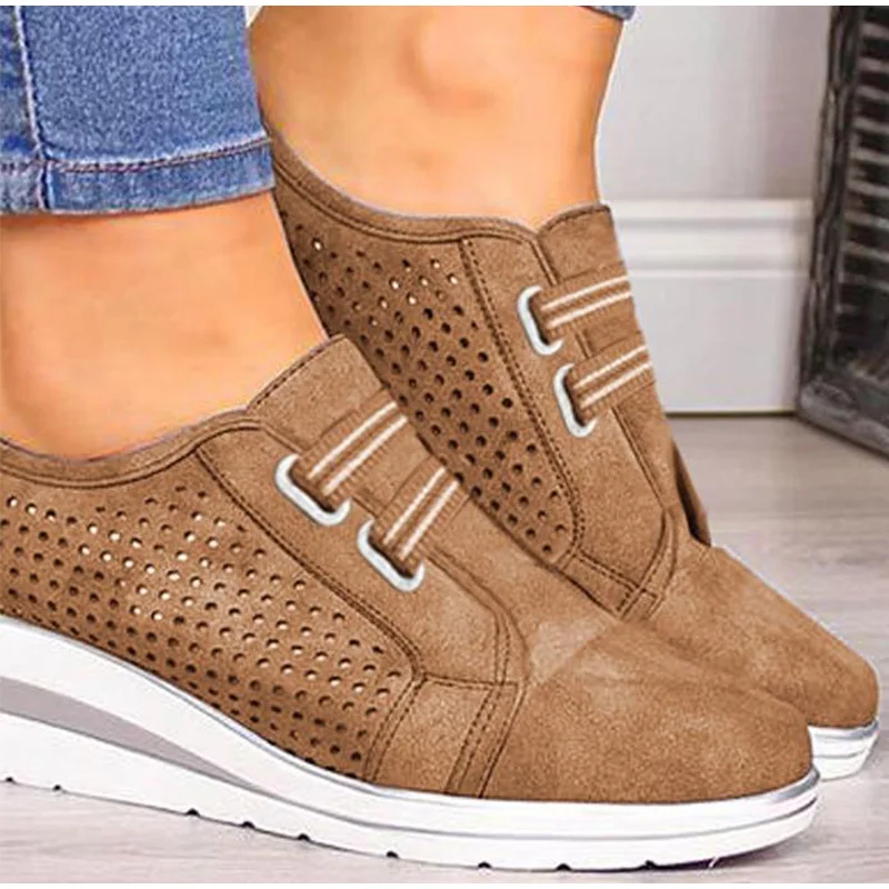 TINO KINO Autumn Women Hollow Out Wedge Vulcanized Ladies Lace Up Platform Casual Sneakers Female Fashion Shoes Plus Size