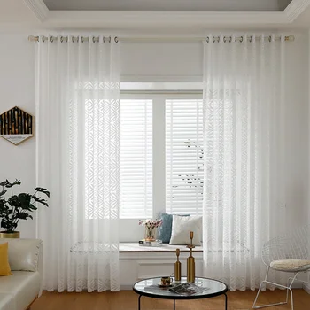 

Semi Sheer Geometry White Embroidery Tulle Curtains Voile Light Filtering Window Curtain Grommet Panels For Bedroom Living Room