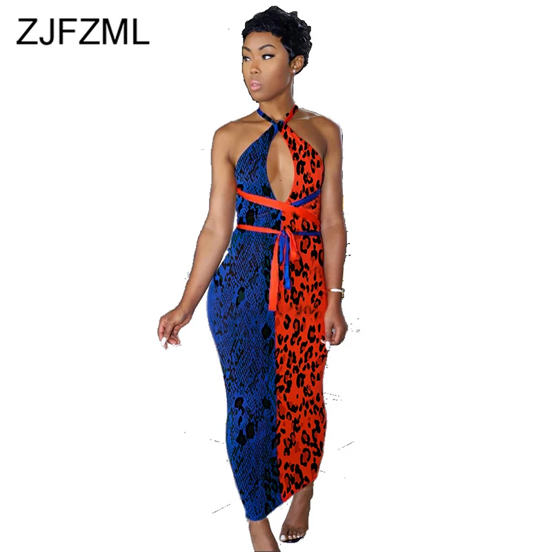 

Leopard Contrast Color Sexy Long Bodycon Dress Women Halter Backless Cut Out Waist Tie Up Maxi Dress Party Club Sleeveless Dress