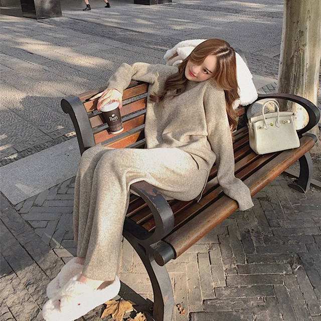Two Piece Set Pullover Sweater Tracksuit Women High Waist Knit Straight Pants Suit Spring Clothes Khaki