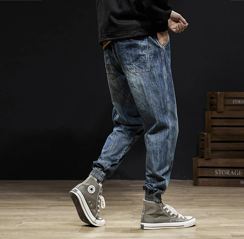 Уличной моды Для мужчин джинсы голубого цвета в стиле ретро с большими карманами; штаны-карго из денима, широкие штаны, свободные шаровары слабины подошвой в стиле «хип-хоп» Джинсы джоггеры Для мужчин