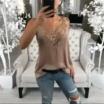 

Women blusa feminina Clothes Strap Pullover Lace Vest Sleeveless Loose Casual V-Neck Polyester Tank Tops shirt femme plus size