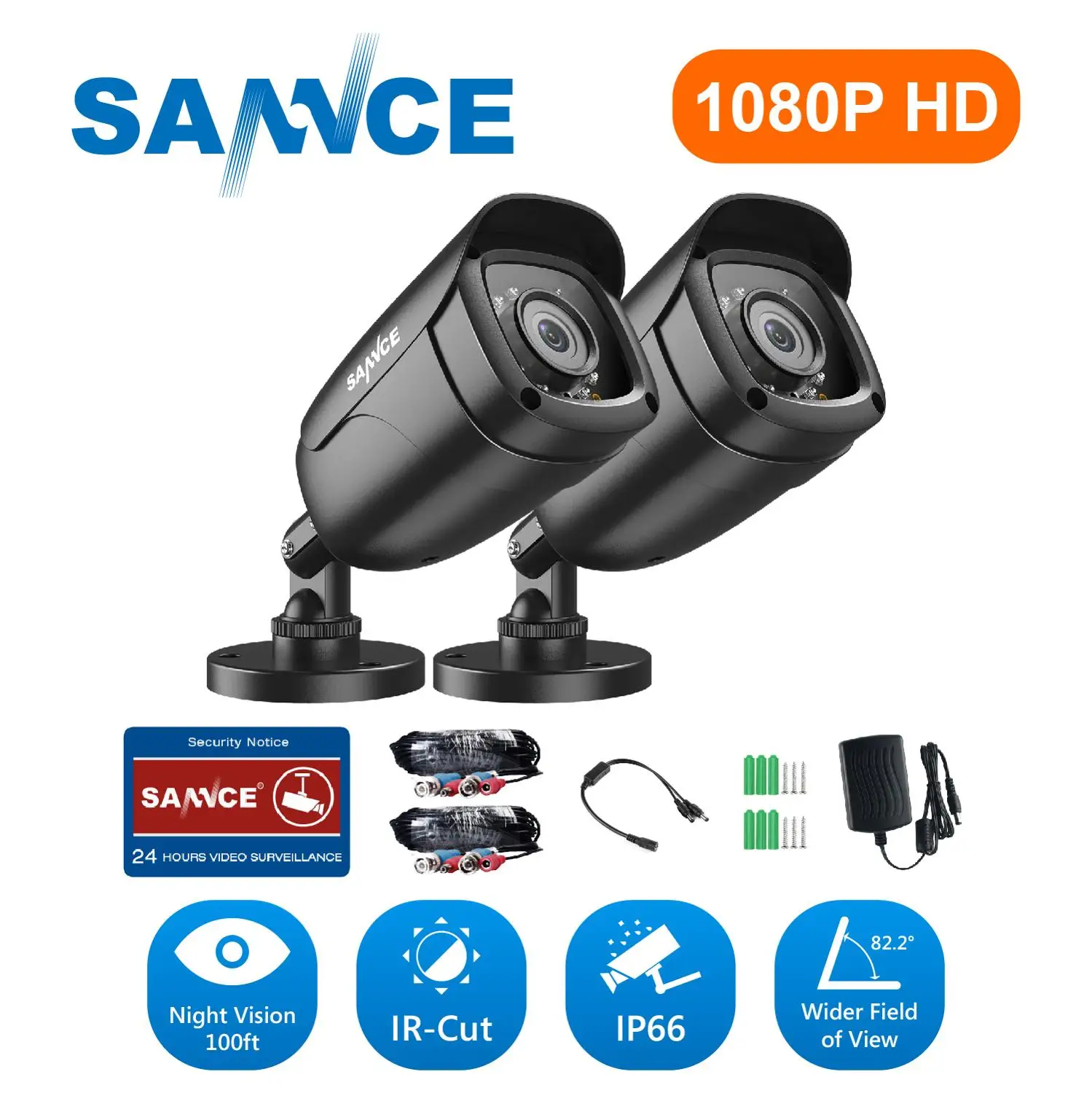 SANNCE 2 шт TVI 1080P HD 2.0MP Высокое разрешение CCTV камеры безопасности H.264 водонепроницаемые внутренние/уличные Камеры Видеонаблюдения Набор