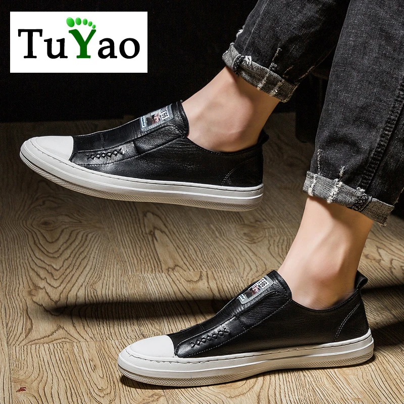 

Genuine Leather Fashion Men's Casual Shoes Hip Hop Outdoor White Sneakers Cow Leather Non-slip Walking Shoes for Male