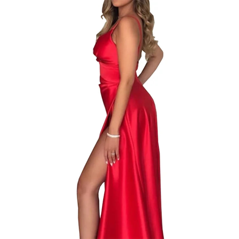Bright Red Evening Dress Spaghetti Strap Long Side Split Vestidos De Fiesta Formal Party Abendkleider Robe De Soiree