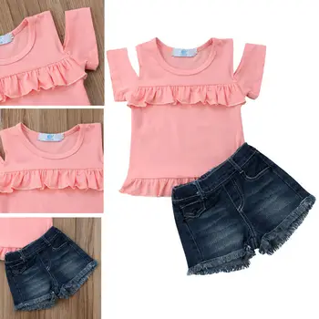

Baby Clothing Fashion Hot Sale Girls Outfits 2PCS Pink Summer T-shirt+Denim Shorts Toddler Kids Clothes