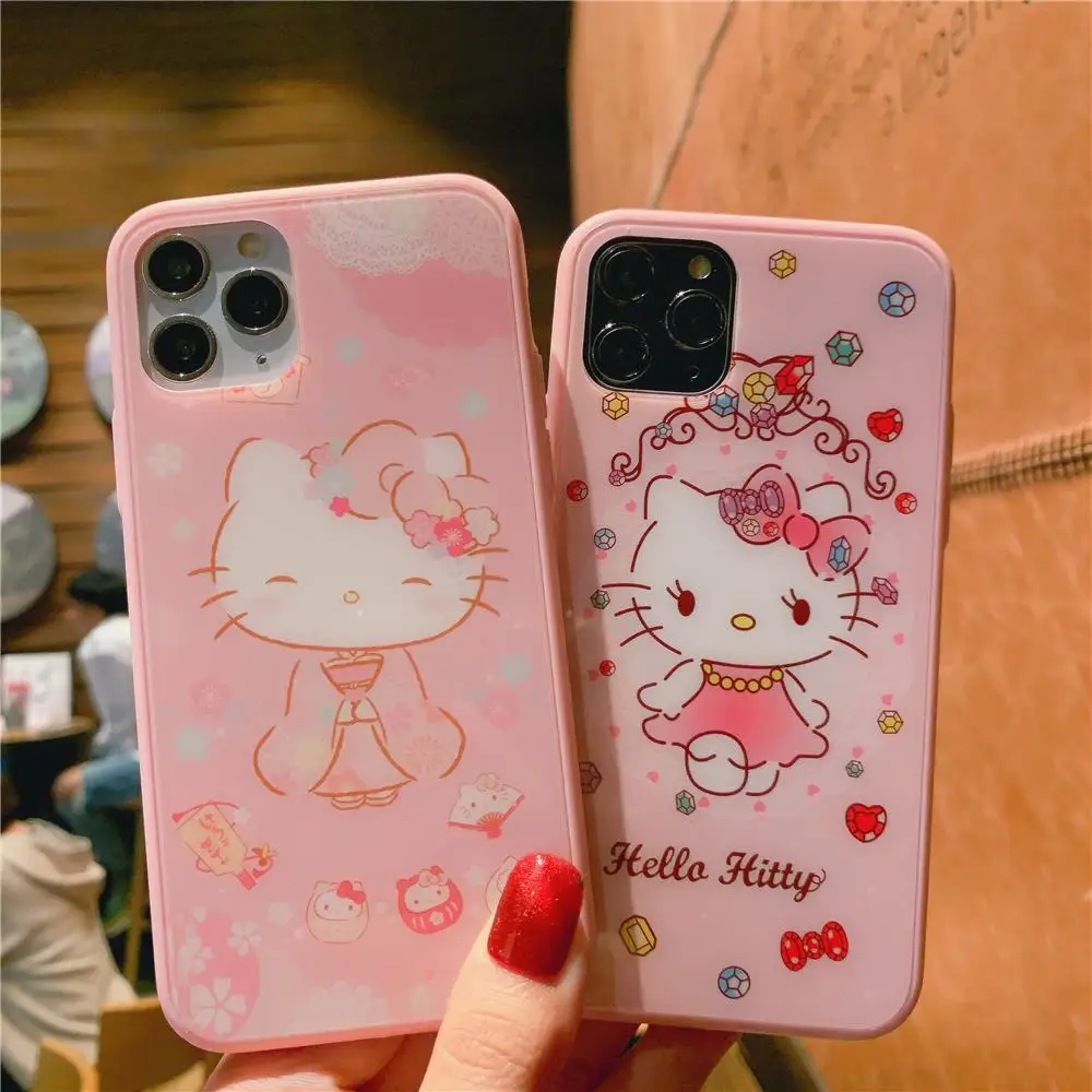 Кимоно Hello kitty закаленное стекло из двух частей чехол для телефона для iphone 11 Pro 6 6splus 7 8 plus X XR XS MAX аниме закаленное покрытие