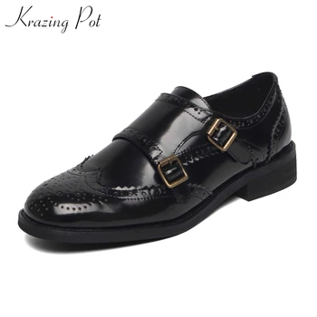 

Krazing pot star popular British style brogue carved shoes fashion buckle straps round toe women daily wear leisure pumps L12