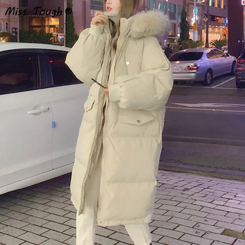 

Winter Fur Hooded Coat Women Solid Loose Thick Down Parkas Coat Female Casual Long Korean Fashion Warm Outwar Overcoat 2021