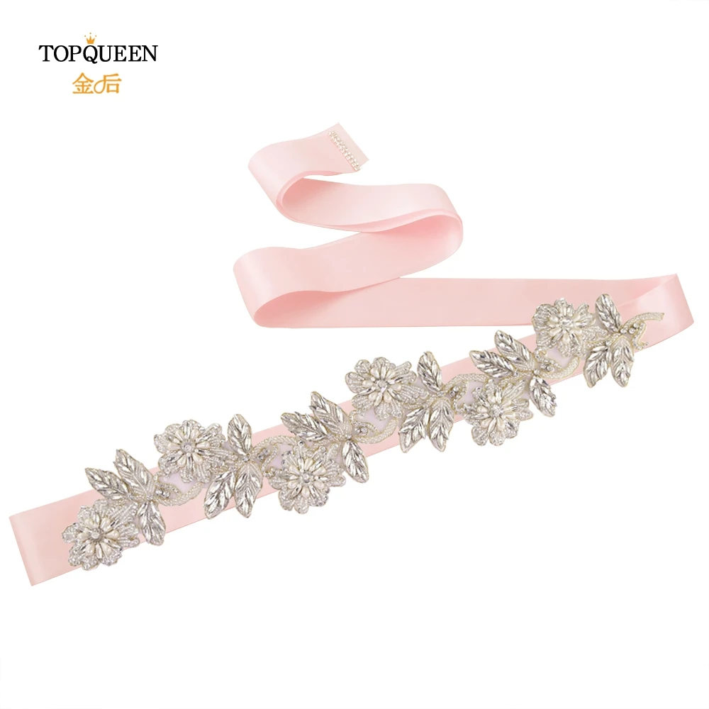 pink TOPQUEEN S427 стразы и жемчуг свадебный пояс из бисера ремни для формального платья атласная лента пояс-кушак дизайн пояс-кушак - Цвет: pink
