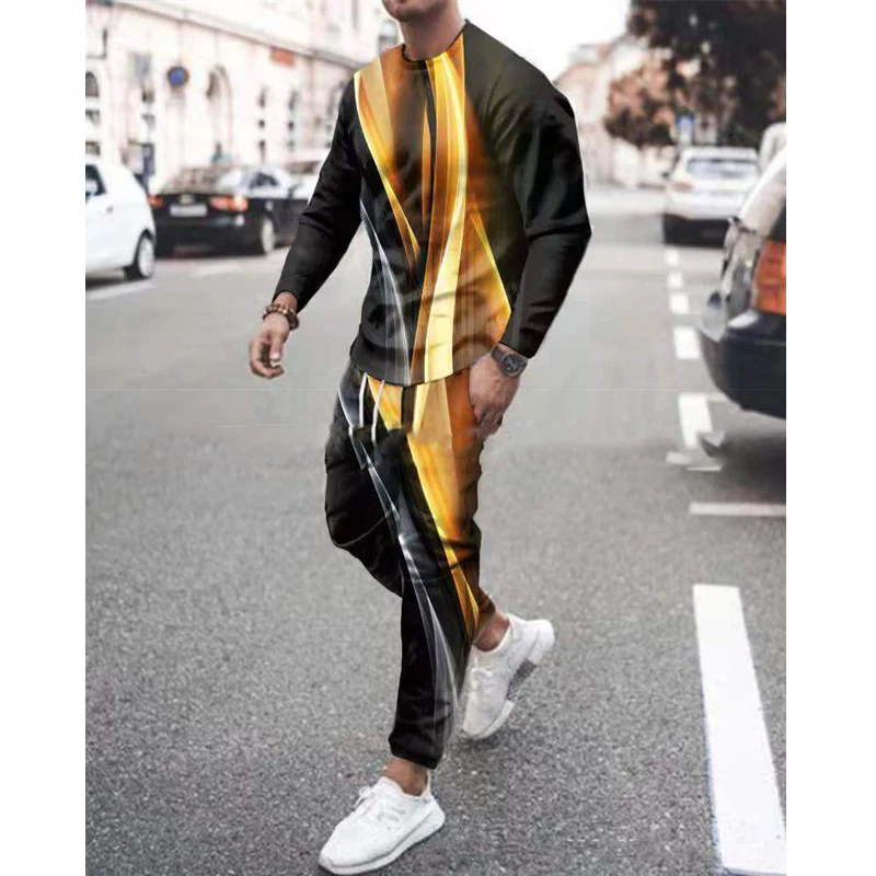 Men's Set Casual Sportswear Fashion Male Running Suit Men Long-sleeved T-shirt+Sports Trousers 2-Piece Plus Size