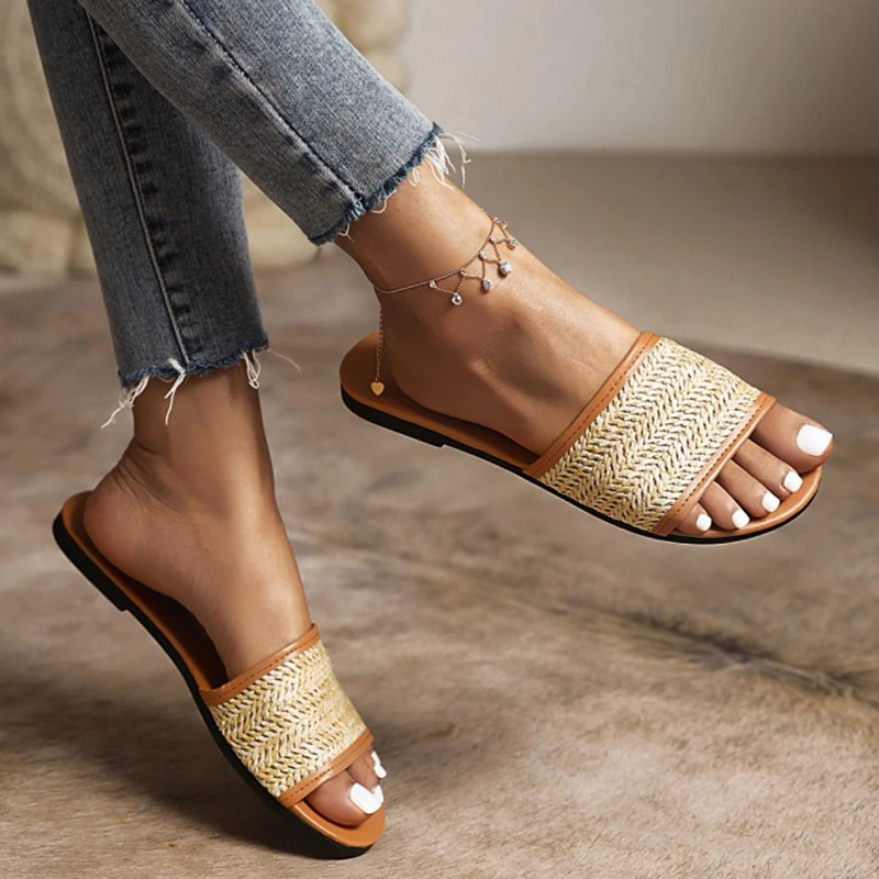 Slippers for Women Summer Beach Holiday Open Toe Flat Shoes Straw Weaving Fashion Boho Casual Female Slides Footwear | Обувь