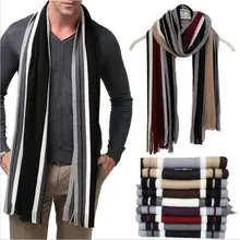 New Men's Winter Warm Cashmere Scarf Classic Striped Business Scarf Long Tassel Knit Scarf Black Gray Red Beige Navy Blue