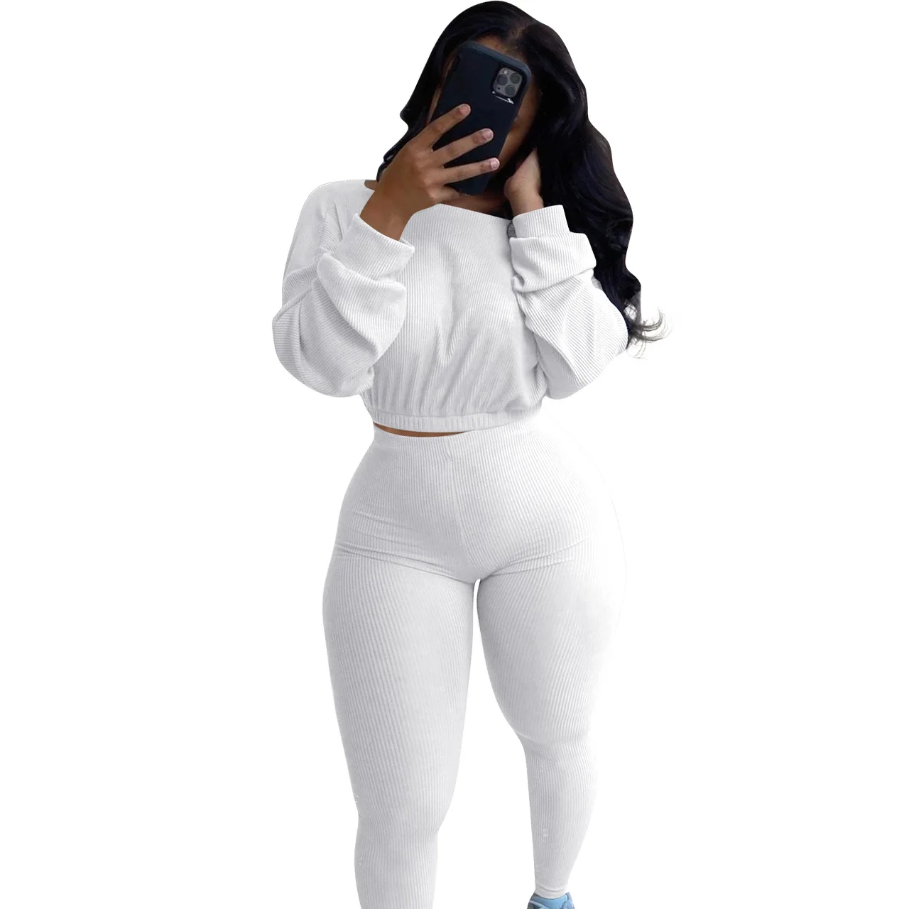 

2Pcs Women's Long Sleeve Sportswear Solid Color Elastic Ribbed Crop Top Tight-fitting Long Pant Outfit Set Hot Suit