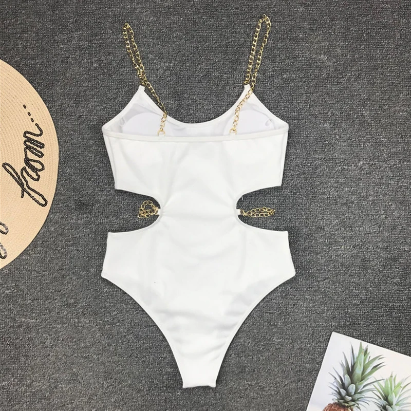 Sexy Ribbed one piece swimsuit female Ring chain bodysuits monokini Hollow out swimwear women HIgh cut bathers bathing suit new