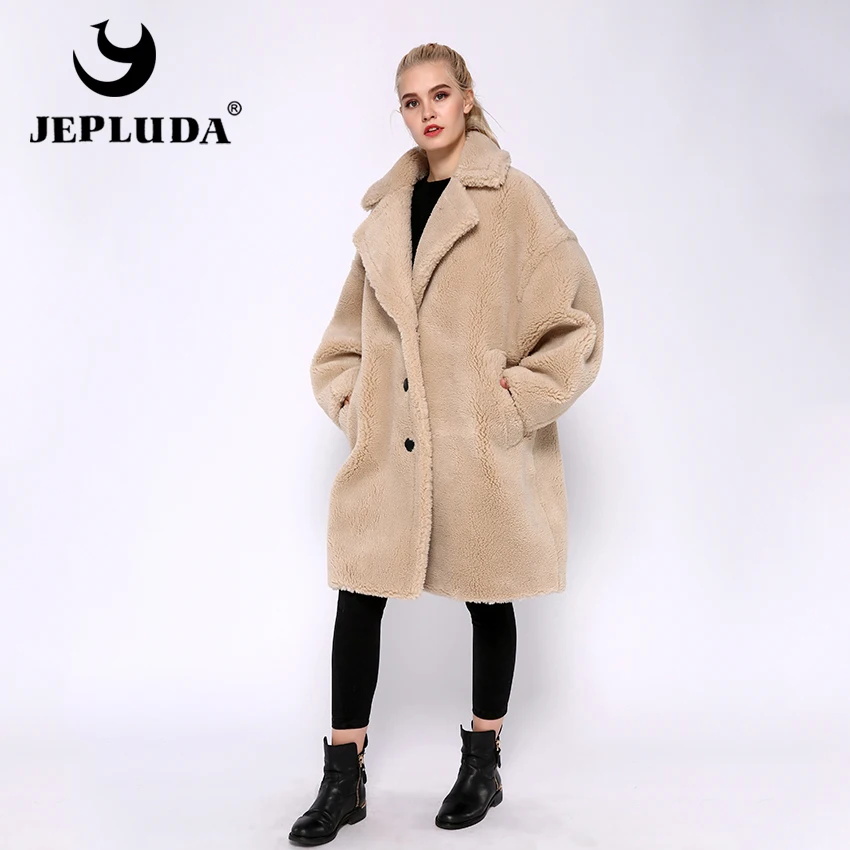 

JEPLUDA High Street Teddy Bear Winter Coat Women Loose Plus Size Thick Warm Wool Blends Real Fur Coat Women Winter Fur Jacket