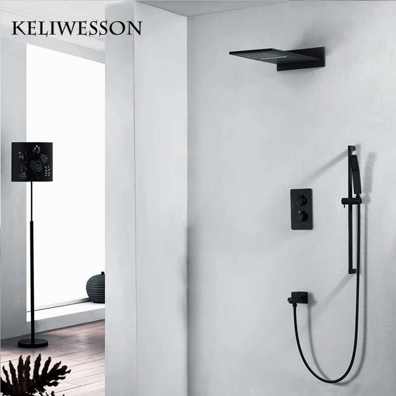 

Black Rainfall Shower Set Brass Thermostatic Shower Faucets Wall Mounted Shower Head Waterfall Showers Sliding Shower Systems