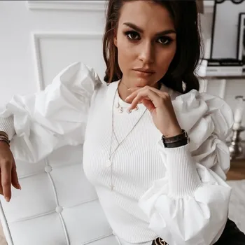 

Womens Sexy Bodysuit Slim Long Sleeve Bodysuit Leotard Tops Mesh Spliced Lantern Sleeve Jumpsuit Rompers Casual Solid Bodysuit