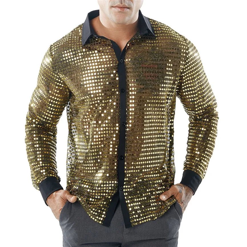 Chemise Homme Manche Longue De Lux, модные мужские осенние повседневные рубашки, рубашка с длинным рукавом, открытая рубашка, топ, блузка, Camisa Hombre - Цвет: Gold