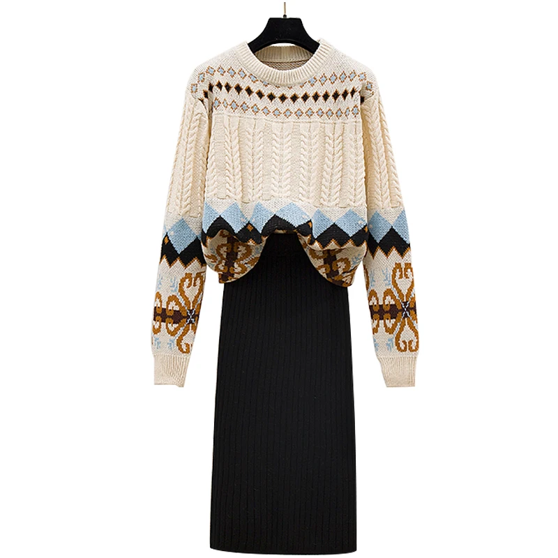 

Autumn Winter Women Loose Pullovers Sweater Leisure Knitting Black Skirt Suit Casual Knitwear Clothes Top Suit Good Quality SALE