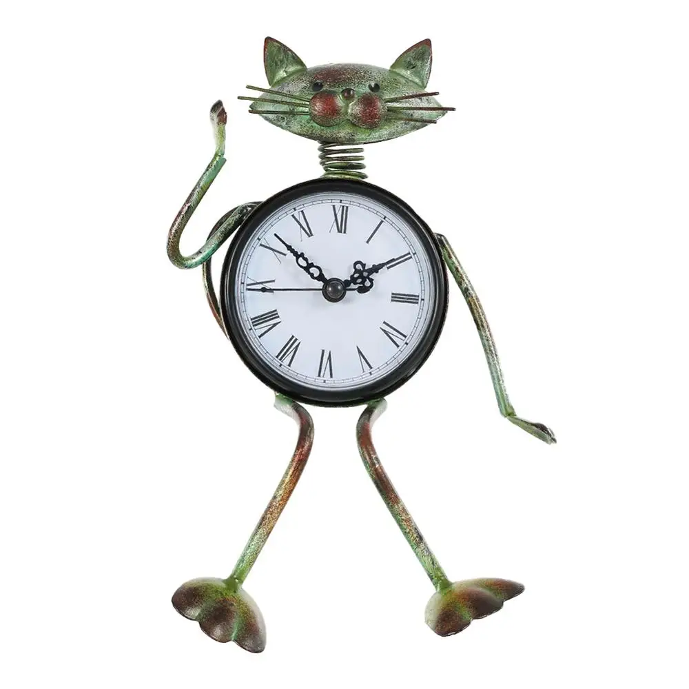 Small Cat Desk Clock Handmade Vintage Metal Cat Crafts Clock