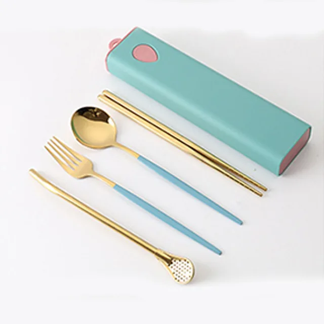 3PCs/4PCs Glossy Stainless Steel Tableware Spoon Fork Knife Straw Reusable Travel Cutlery Set Camp Utensils Set Portable Case B-Blue