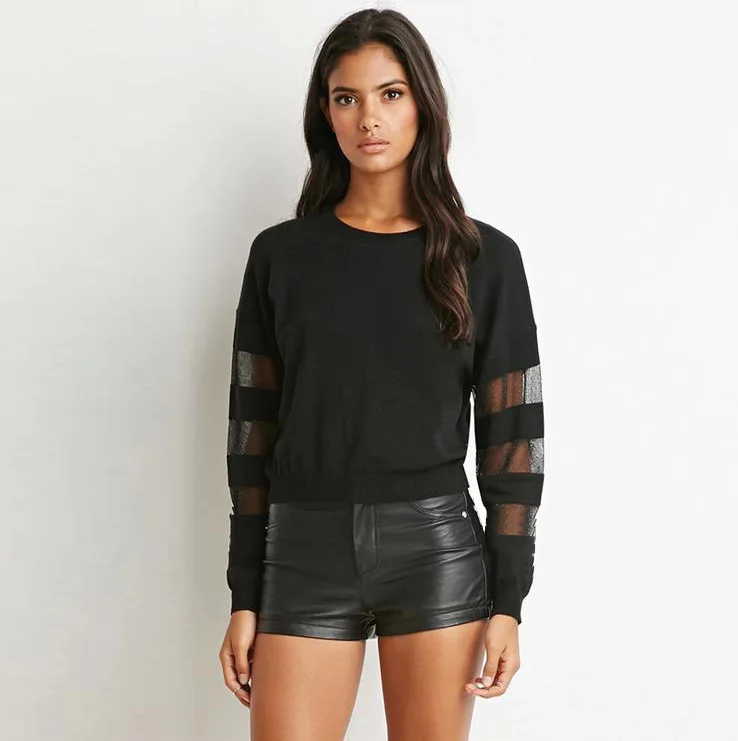 

2018 New Style Transparent Gauze Joint Long-sleeved Sweater Europe And America Hollow out Tops Large Size Dress