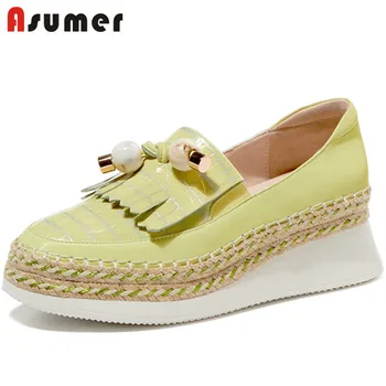 

ASUMER 2020 newest genuine leather shoes women pumps round toe tassel popular casual shoes spring summer wedges shoes ladies
