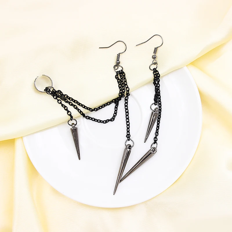 Dangle Earrings Chain Ear Clips Crystal Tassel Earrings Black chain tassel ear-hook Asymmetry Multilayer chain Punk Hip hop personality Jewelry Ear clip For Women Girls