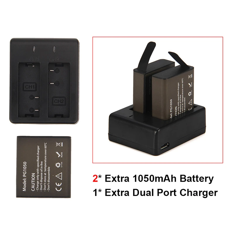 Action Camera Battery Set With 2pcs Battery + Dual Charger For Eken H9