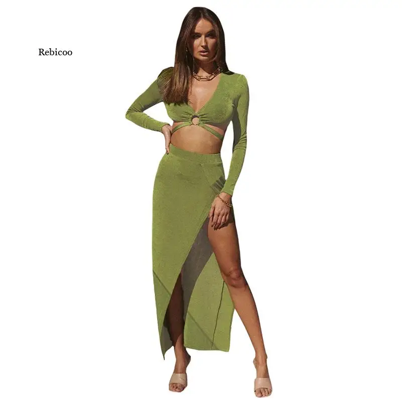 

Fall Spilt Long Sleeve Bandage Dress Sets Fashion Outfits Elegant Women's Top and Skirts Sexy Club Matching Set