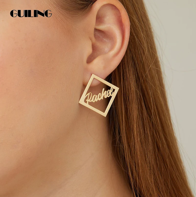 

Customized Geometry Name Earrings Personalized Nameplate Ear Studs Statement Jewelry For Women Birthday Gift Stainless Steel