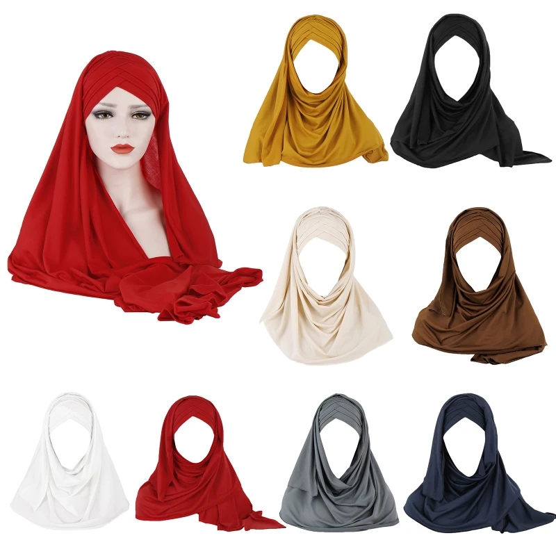 

Milk Filer Women Hijab Solid Color 2 In1 Turban Hat soft Instant Scarf Muslim Hijab Cap Cross Pleated Head Wrap Cover 8 Color
