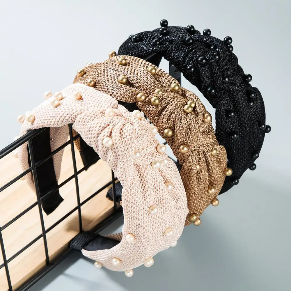 

New Arrived Pearl Knot Headband Plain Color Fabric Simple Style Hair Band Women Hair Accessories Hairbands for Girls