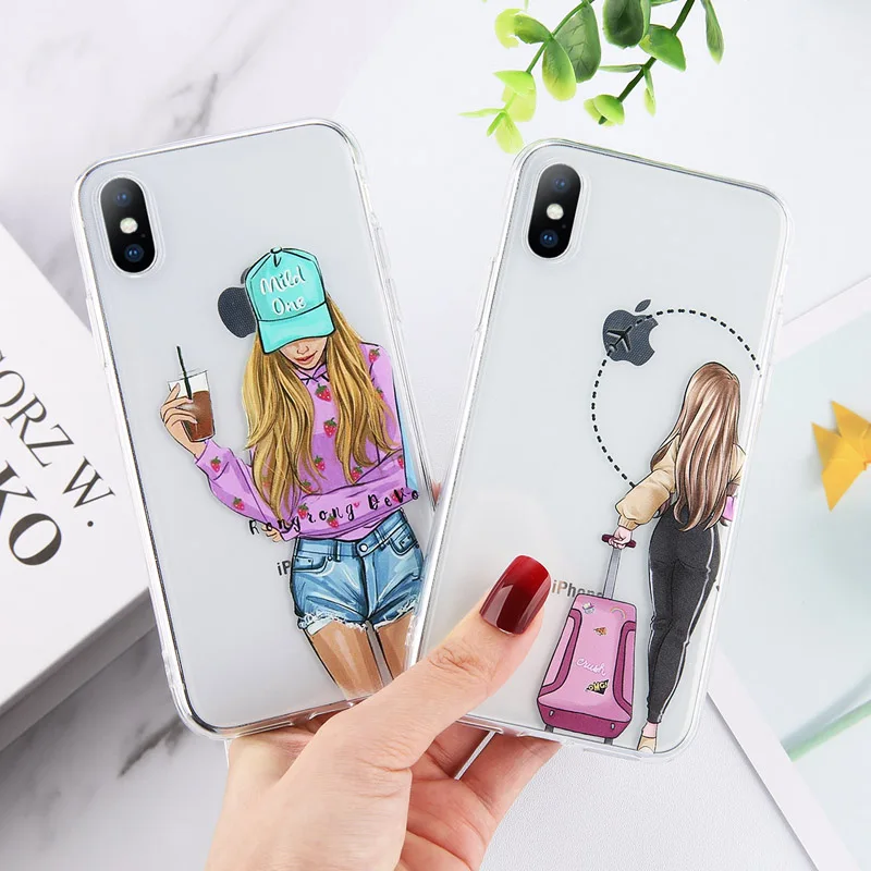 

Ottwn Transparent Girl Pattern Cover For iPhone X XR Xs Max Soft TPU Silicone Clear Phone Case For Phone 6 6s 7 8 Plus 5 5s SE