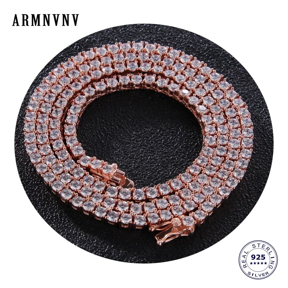 ARMNVNV Iced Out Bling Циркон 1 ряд 925 пробы Серебряная теннисная цепочка ожерелье мужское