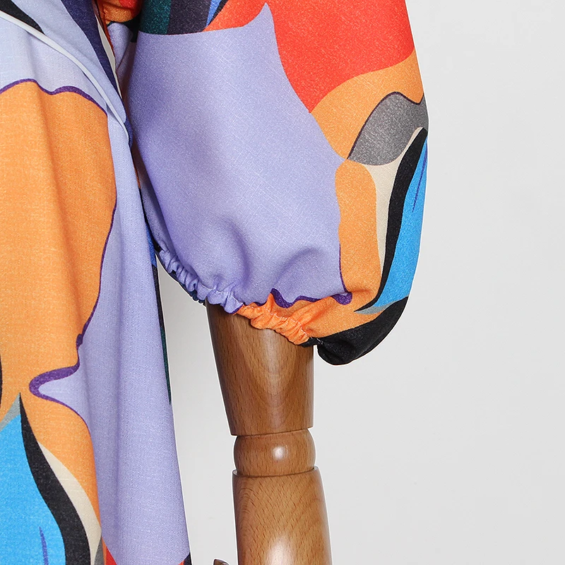 细节 (3).JPG TWOTWINSTYLE Casual Print Summer Dress Women V Neck Lantern Half Sleeve High Waist Hollow Out Hit Color Midi Dresses For Female