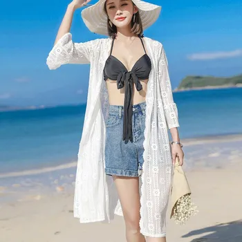 

Women Lace Hollow Beach Cover Up Summer Lace Sunscreen Cardigan Long Sleeve Summer Beach Tops