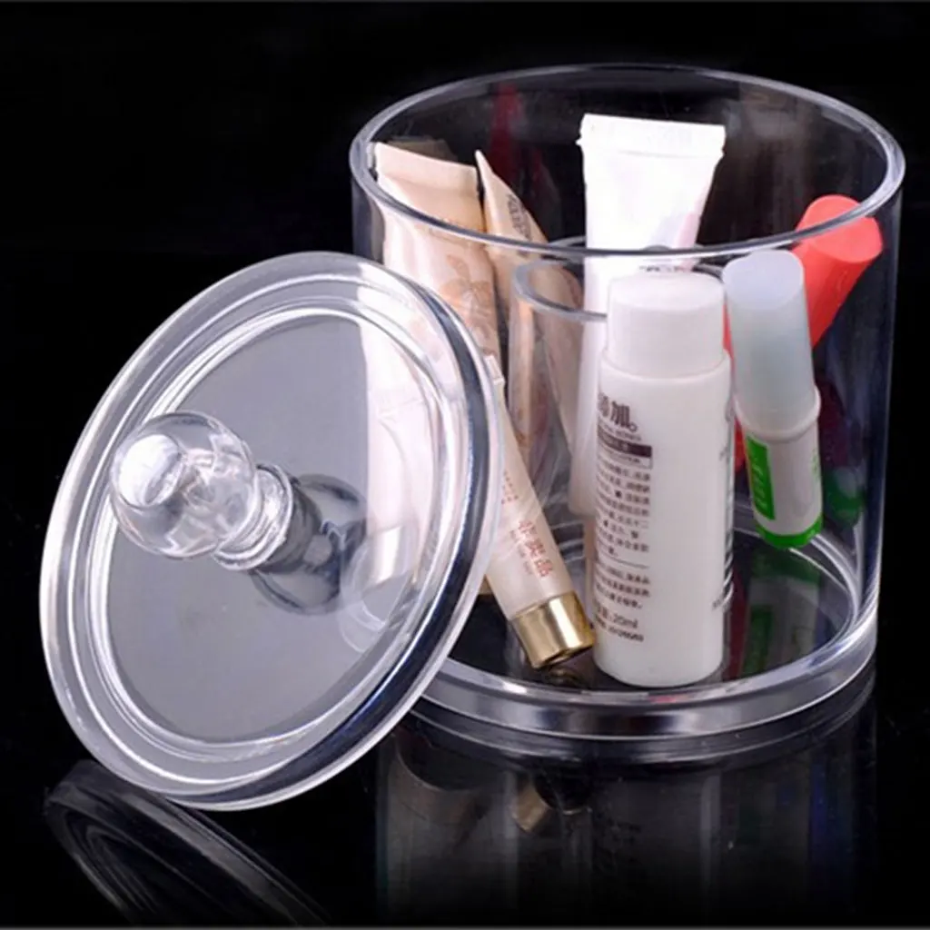 

Clear Acrylic Round Box Cosmetic Bathroom Countertop Storage Organizer Canister Jar for Cotton Swabs Makeup Sponges Lips Jewelry