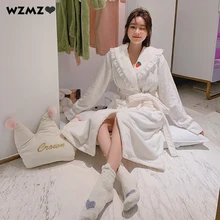 Winter Embroidery Lace Flannel Robe Peignoirs for Women Thick Long Dressing Gown Loose Warm Bathrobe Female Stretch Home Clothes