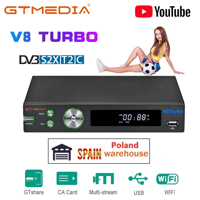 GTMEDIA V8 Turbo DVB S2/S2X/T2/кабель спутниковый ресивер WIFI H.265 поддержка Youtube xtream CA слот для
